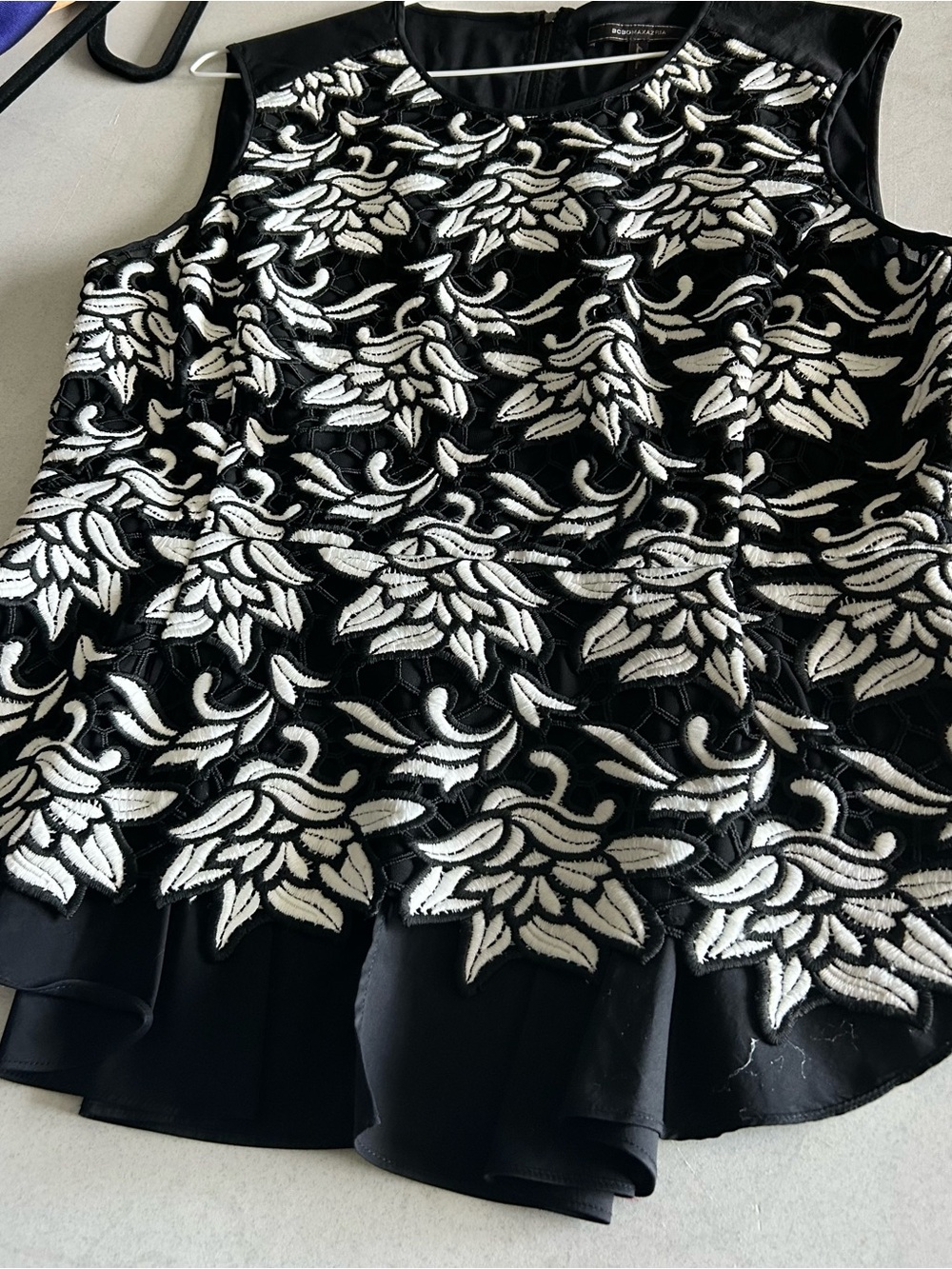 BCBG Black & White Floral Lace/Embroidered Peplum top -